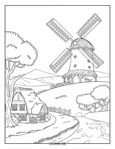 Coloriage de ferme pour enfants : Un moulin à vent de ferme pittoresque, entouré de clôtures et d'une rivière
