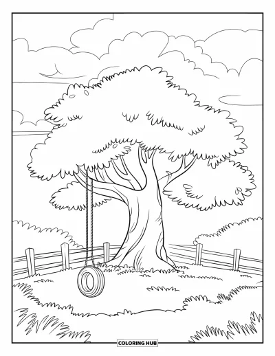 Coloriage de ferme pour enfants : Un arbre ombragé avec une balançoire en pneu, entouré d'une clôture en bois