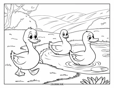 Coloriage de ferme pour enfants : Un petit groupe de canards se dandine au bord de l'eau