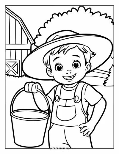 Coloriage de ferme pour enfants : Un fermier souriant fait un signe de la main en portant un seau