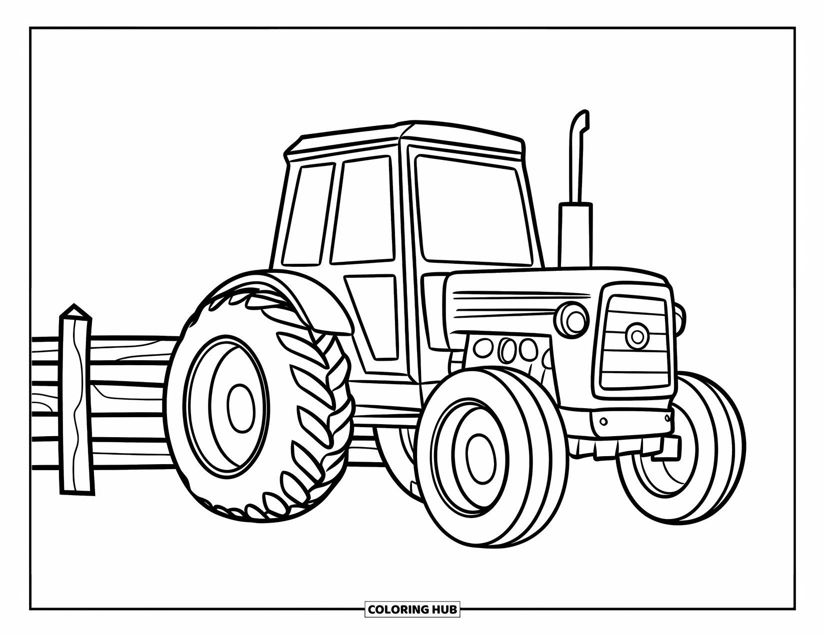 Kolorowanka z farmą dla dzieci: Uśmiechnięty traktor z ogromnymi kołami stoi przy rustykalnej bramie farmy