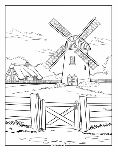 Coloriage de ferme pour enfants : Un moulin à vent en rotation apporte du charme à une ferme de campagne paisible