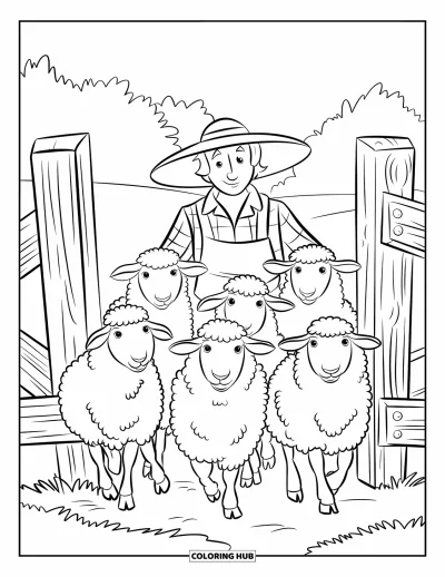 Coloriage de ferme pour enfants : Un fermier au chapeau de paille guide cinq moutons tout doux vers un champ vert