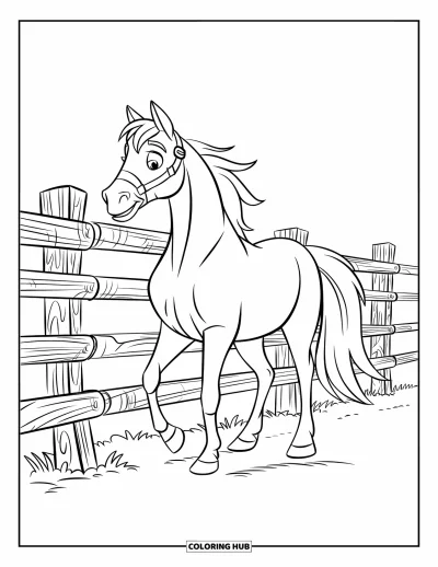 Coloriage de ferme pour enfants : Un cheval robuste se tient près d'une clôture en bois, la queue qui remue