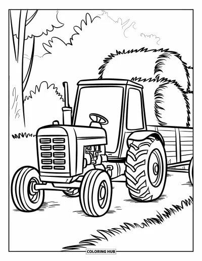 Coloriage de ferme pour enfants : Un tracteur tire une charrette pleine de bottes de foin à travers une ferme tranquille