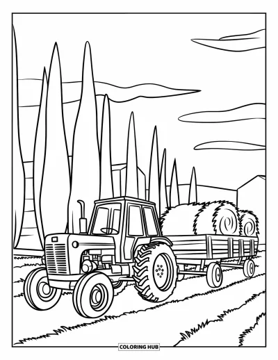 Coloriage de ferme pour enfants : Un tracteur gronde entre les arbres en tirant une charrette chargée de foin