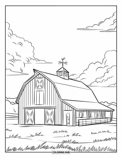 Coloriage de ferme pour enfants : Une grange en bois se dresse dans un champ paisible sous un ciel nuageux