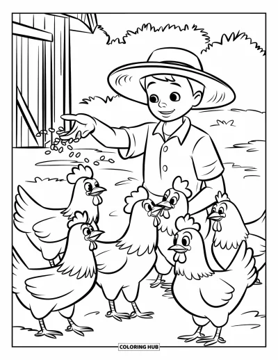 Coloriage de ferme pour enfants : Un jeune fermier nourrit un groupe de poules joyeuses et affamées
