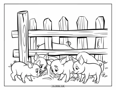 Coloriage de ferme pour enfants : D'adorables porcelets passent la tête à travers une clôture rustique dans un champ herbeux