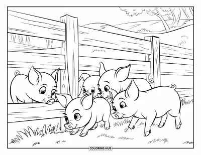 Coloriage de ferme pour enfants : Des porcelets curieux reniflent autour d'une clôture en bois dans une ferme ensoleillée