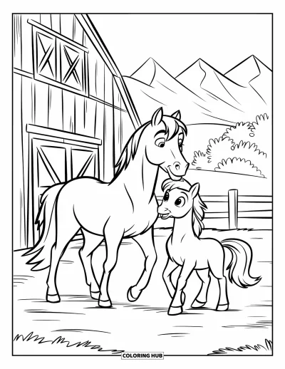 Coloriage de ferme pour enfants : Deux amis de la ferme, un cheval et un poney, profitent d'un après-midi ensoleillé