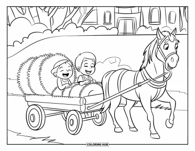 Coloriage de ferme pour enfants : Deux enfants rient dans une charrette remplie de bottes de foin pendant une balade joyeuse