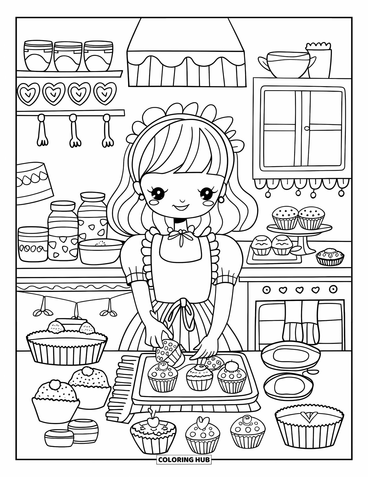 Fashion Dress Coloring Page for Adults: A cheerful girl bakes sweets in a cozy kitchen