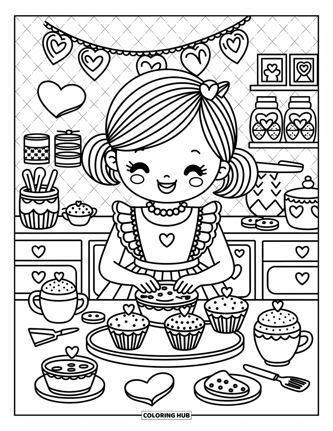 Fashion Dress Coloring Page for Adults: A cheerful girl bakes sweets in a kitchen with heart-shaped utensils