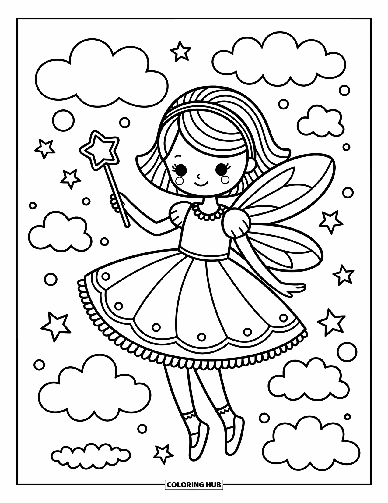 Fashion Dress Coloring Page for Adults: A fairy girl floats above clouds with stars and bubbles around her