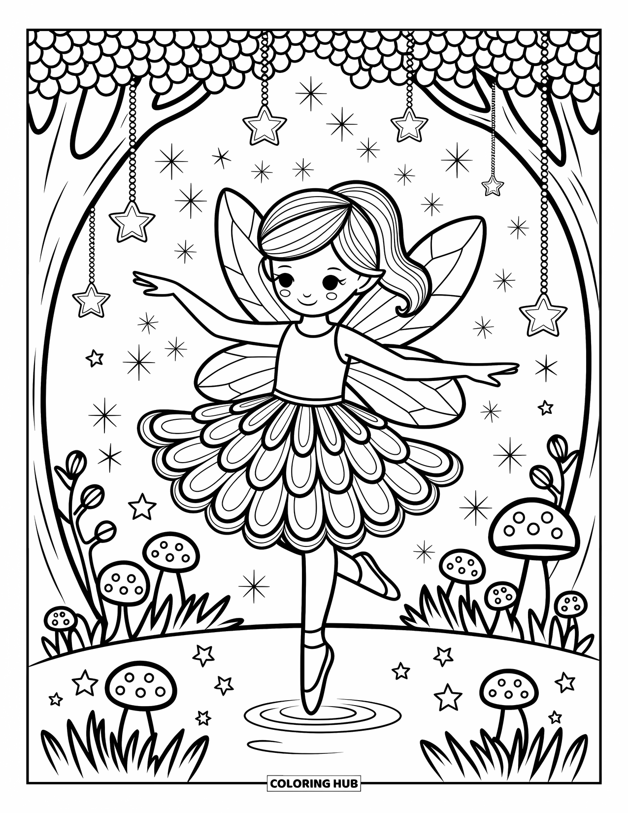 Fashion Dress Coloring Page for Adults: A fairy girl in a petal dress dances among stars and lanterns