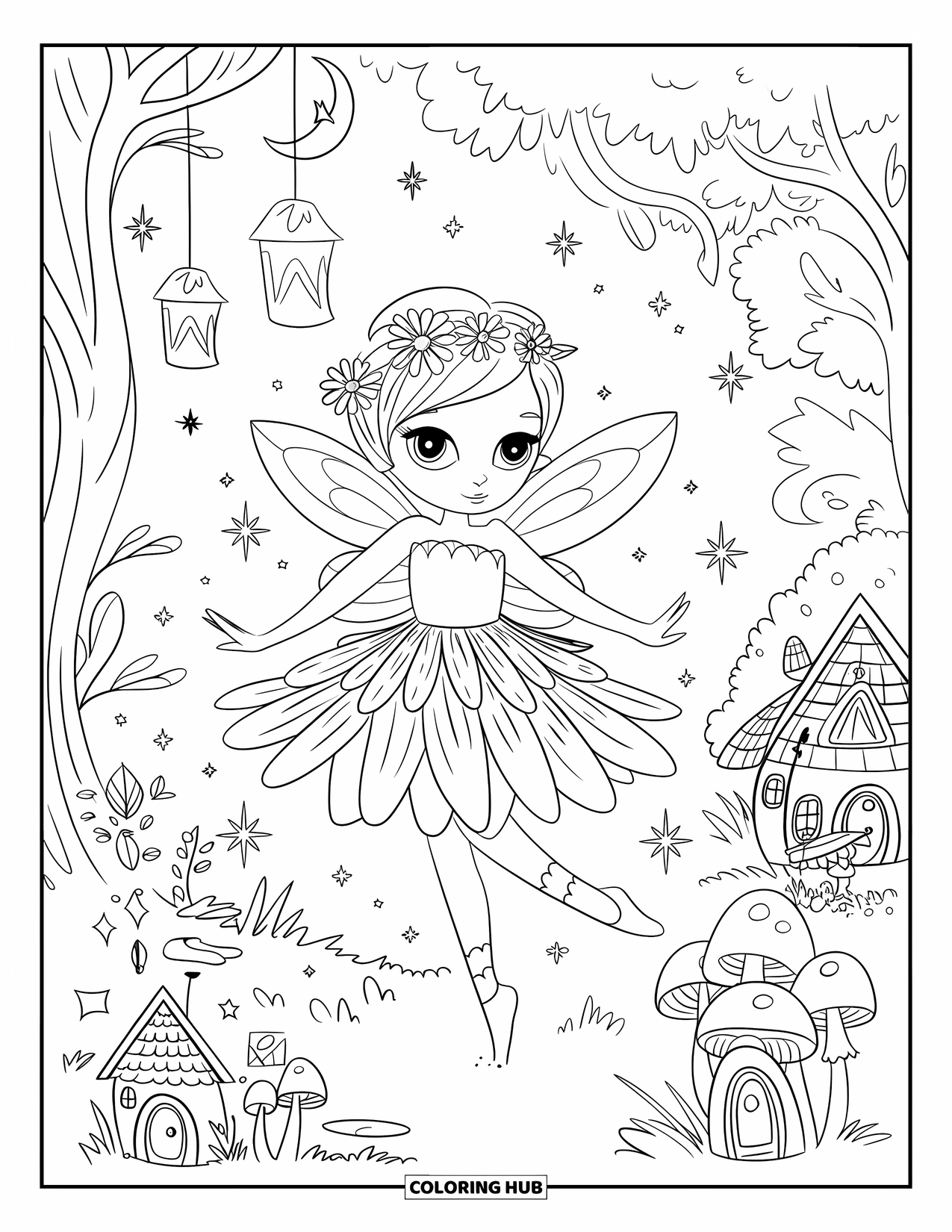 Fashion Dress Coloring Page for Adults: A fairy girl with a flower crown dances in a magical forest