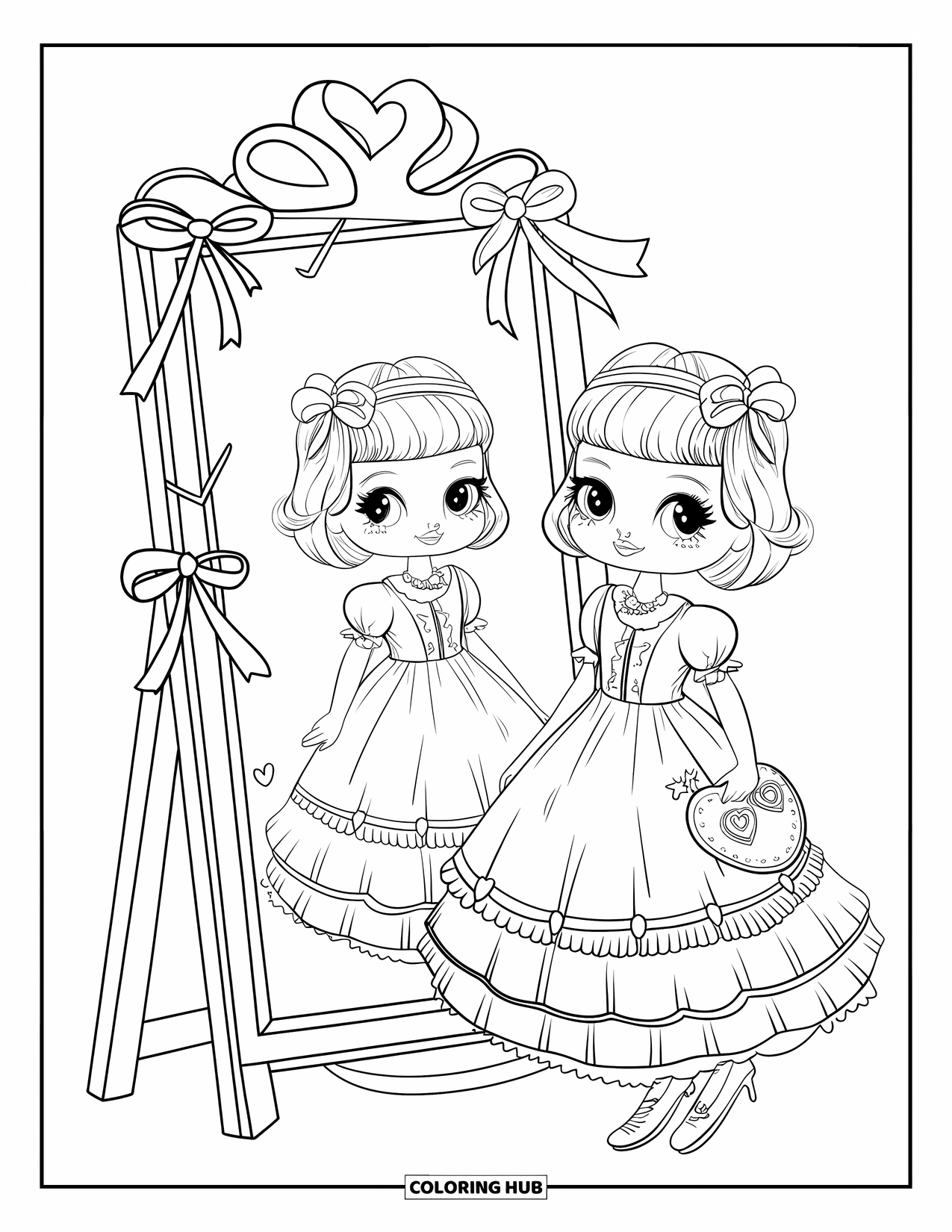 Fashion Dress Coloring Page for Adults: A girl in a dress stands before a mirror with ribbons and hearts