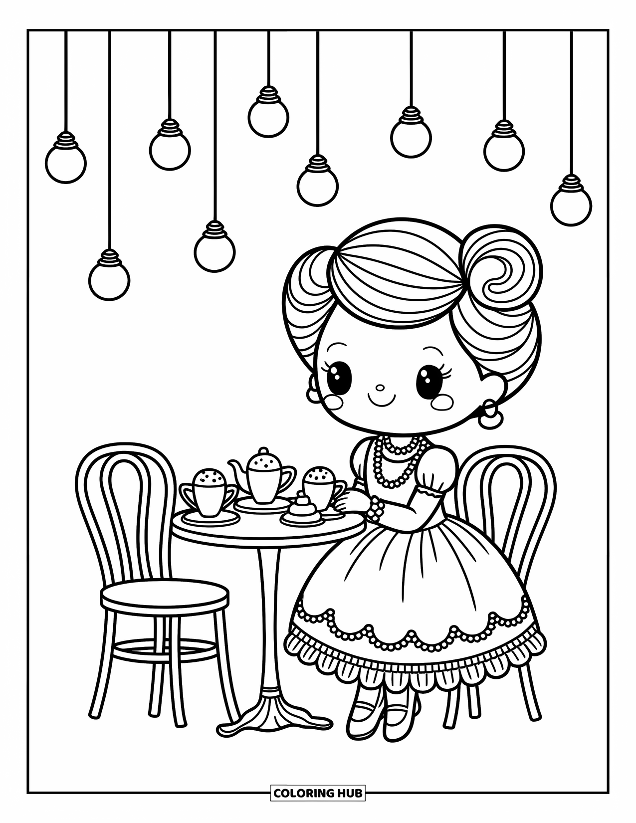 Fashion Dress Coloring Page for Adults: A girl in a dress with pearls sips tea at a cozy cafÈ