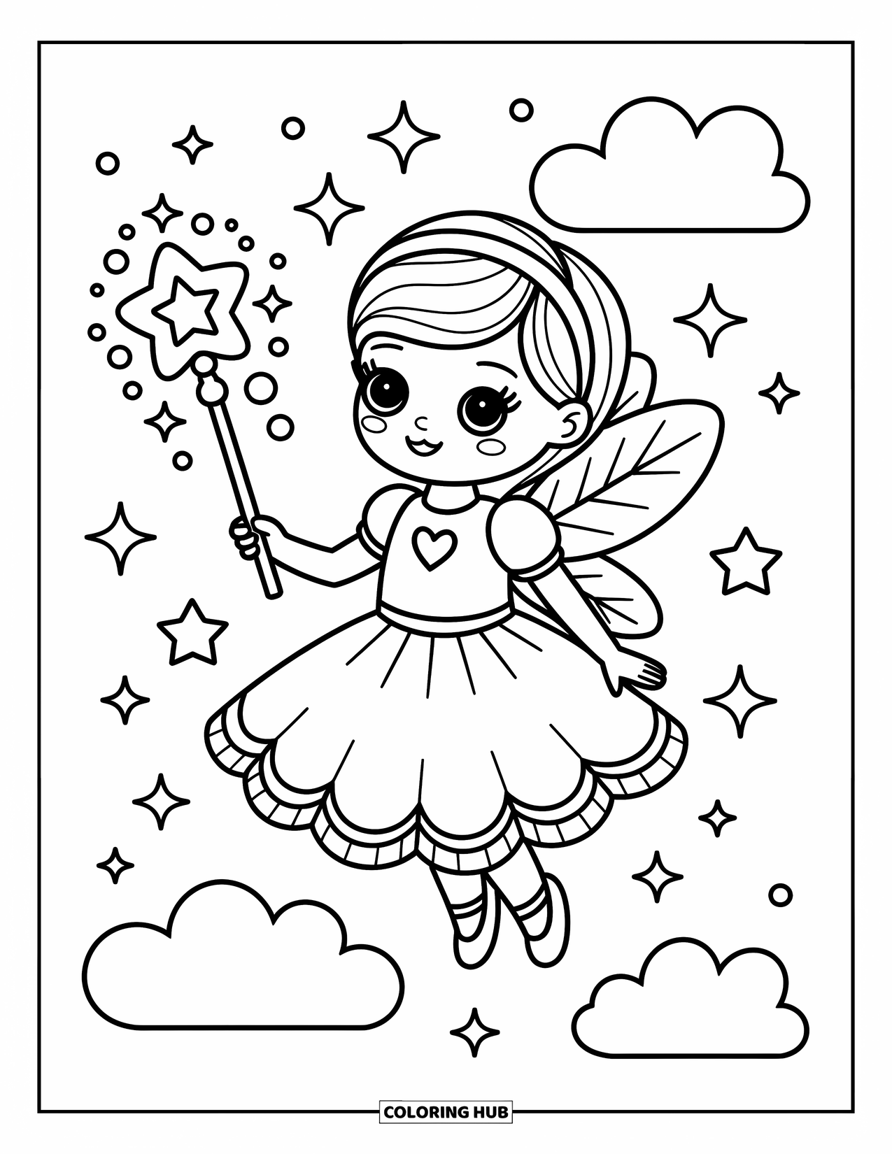 Fashion Dress Coloring Page for Adults: A girl in a fairy dress floats above clouds holding a star wand