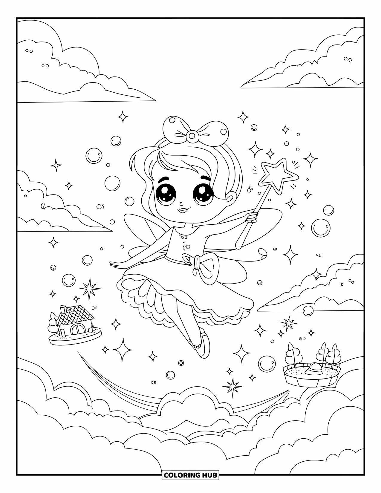 Fashion Dress Coloring Page for Adults: A girl in a fairy dress floats with stars and bubbles