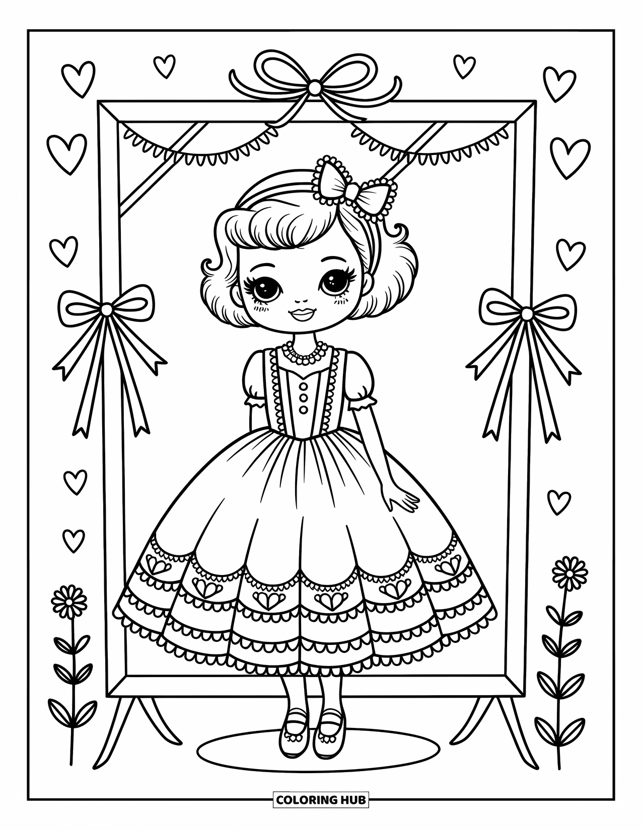 Fashion Dress Coloring Page for Adults: A girl in a lolita dress stands by a mirror with ribbons and hearts