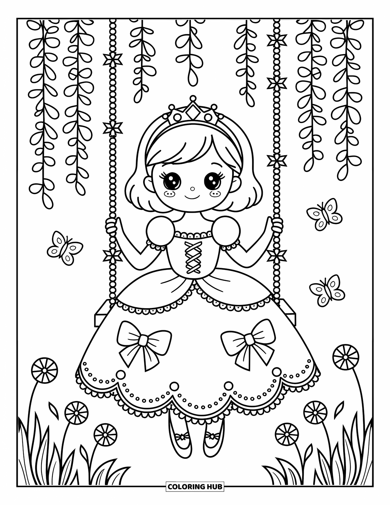 Fashion Dress Coloring Page for Adults: A girl in a princess gown swings gently among flowers and butterflies
