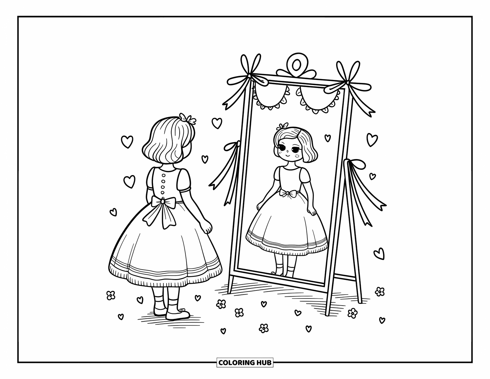 Fashion Dress Coloring Page for Adults: A girl in a vintage dress stands by a mirror with ribbons and hearts