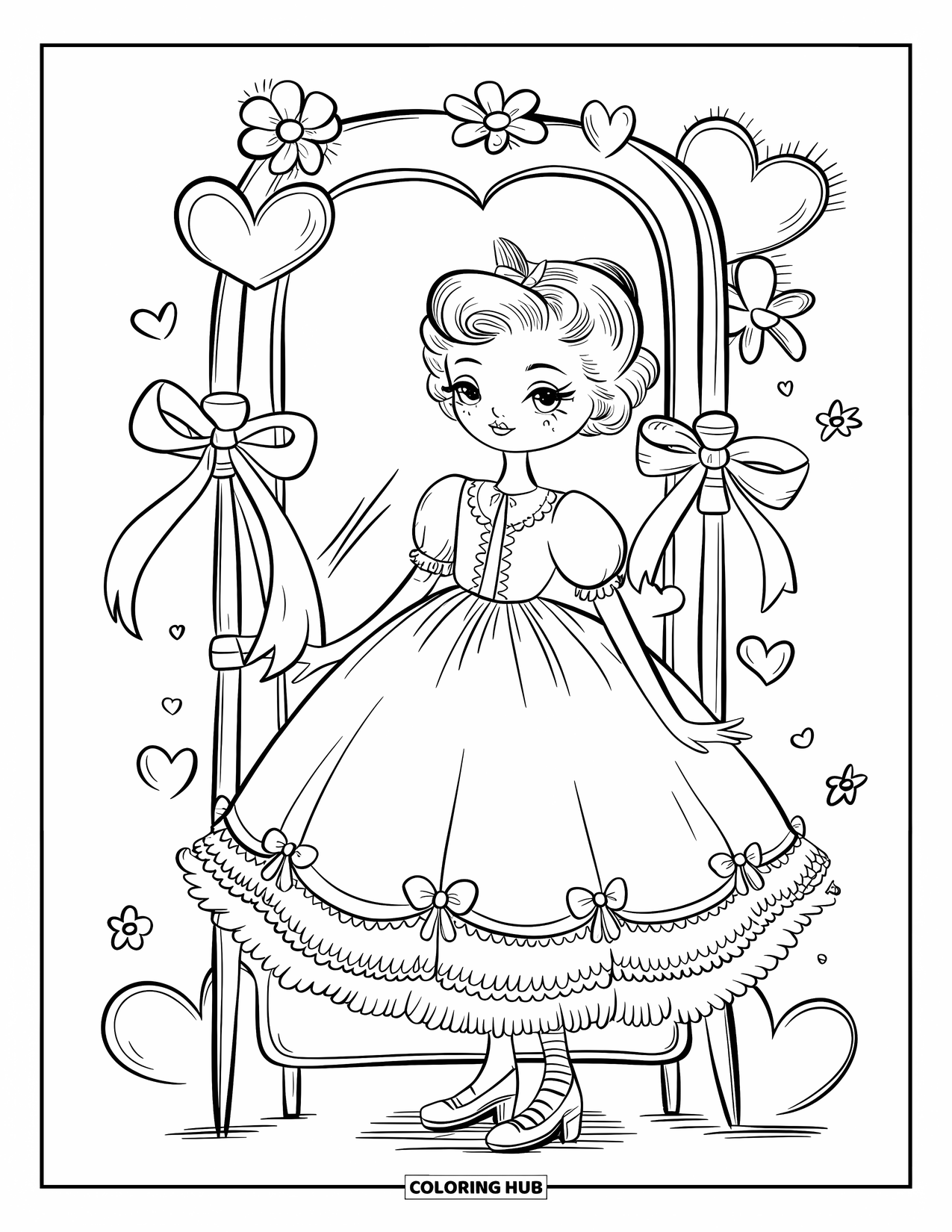 Fashion Dress Coloring Page for Adults: A girl in a vintage dress tries on clothes in a cute boutique