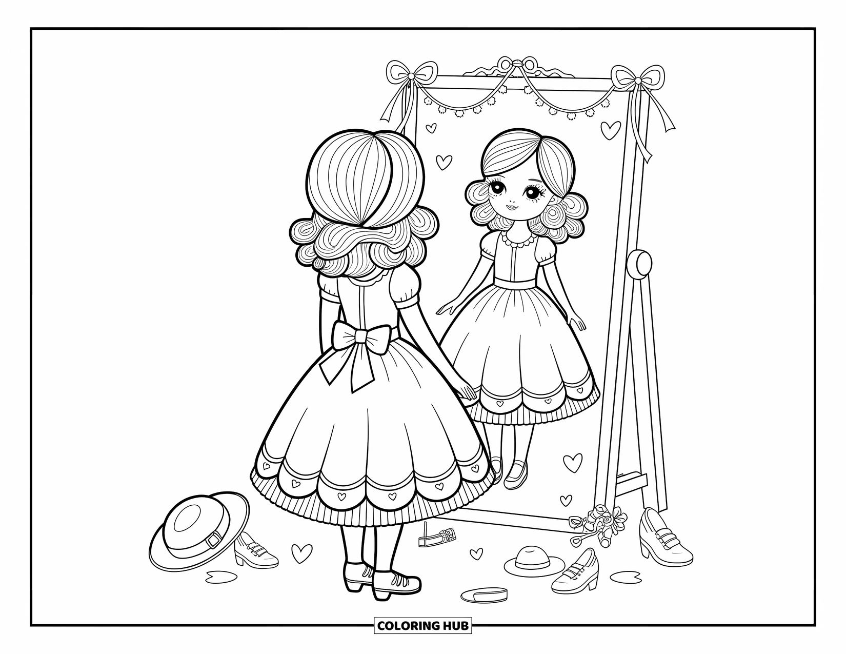 Fashion Dress Coloring Page for Adults: A girl in curls tries on a dress in a boutique with tiny hats and shoes