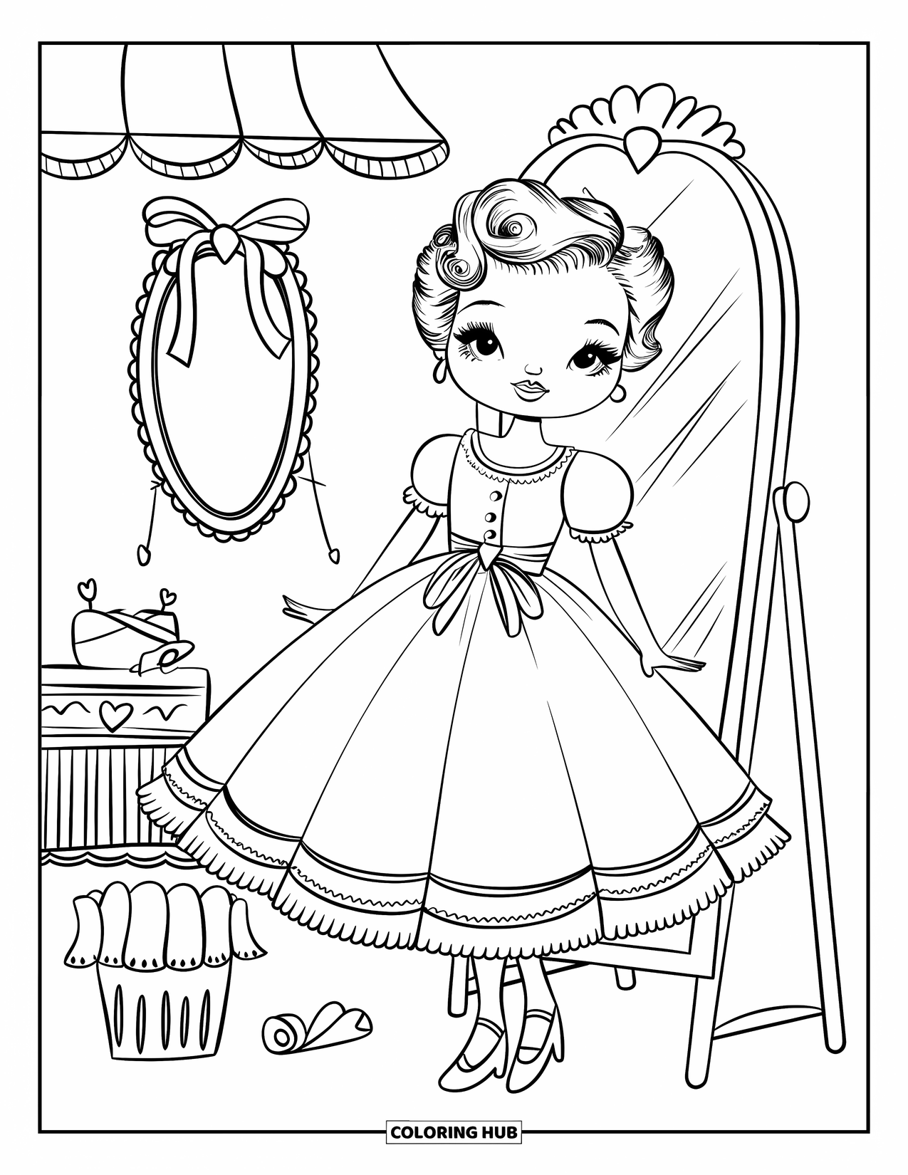 Fashion Dress Coloring Page for Adults: A girl tries on a dress in a boutique with flowers and hearts