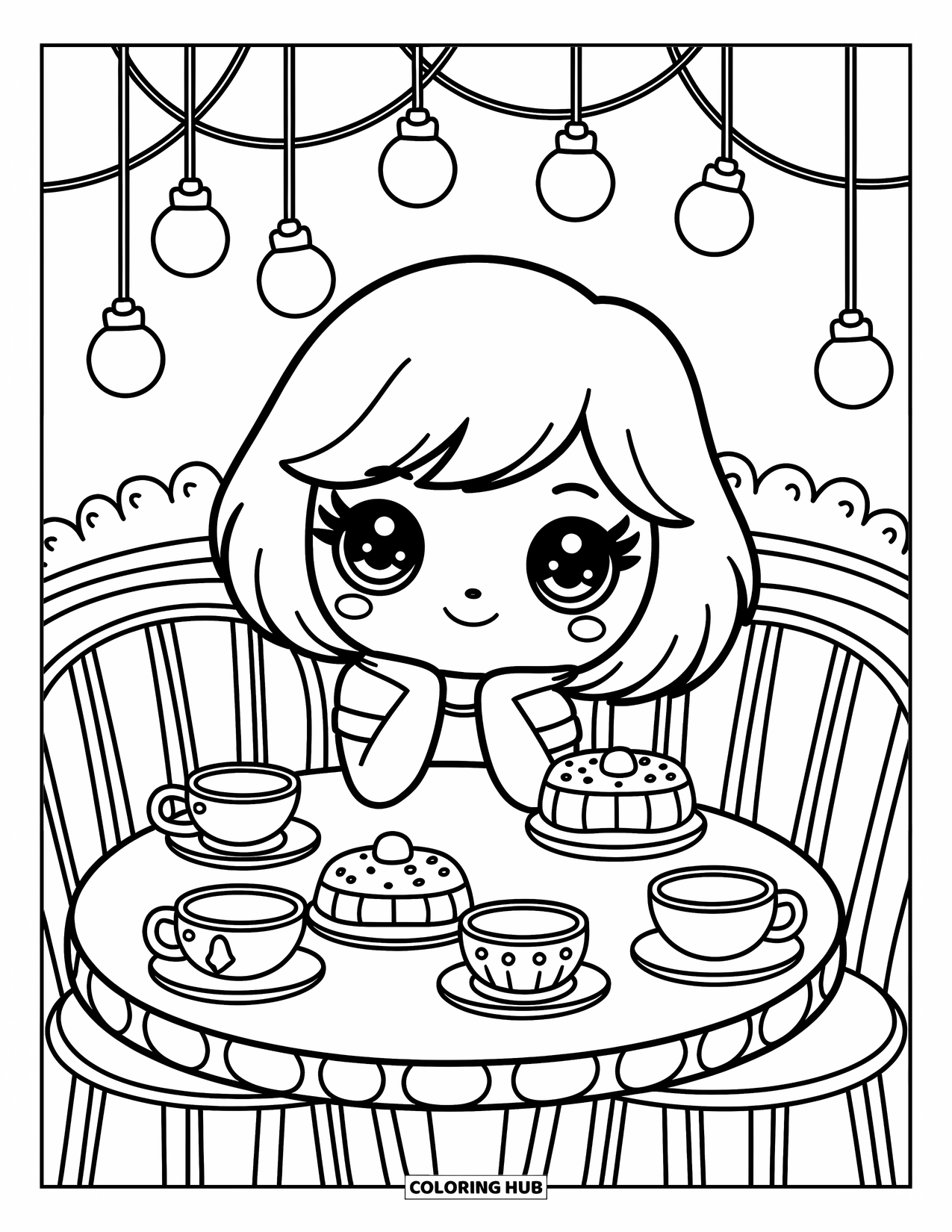 Fashion Dress Coloring Page for Adults: A girl with big eyes sips tea under fairy lights at a cafÈ