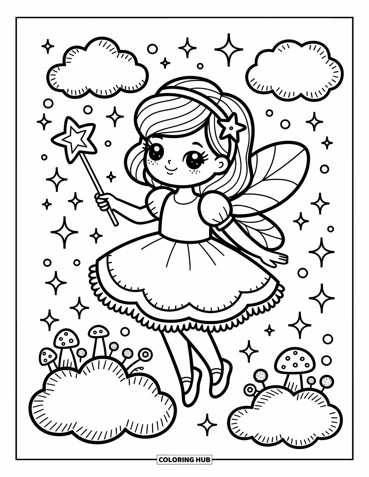 Fashion Dress Coloring Page for Adults: A magical girl floats above clouds holding a star wand surrounded by stars