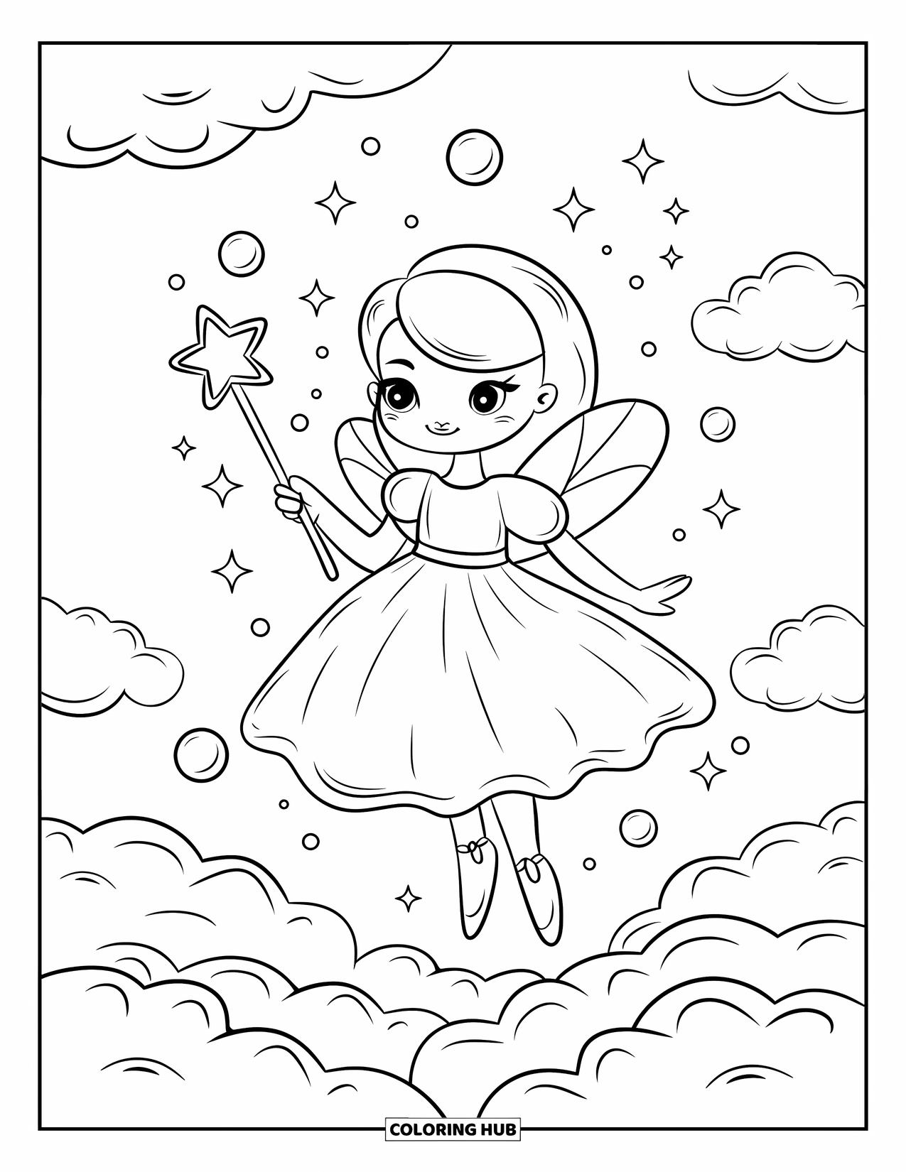 Fashion Dress Coloring Page for Adults: A magical girl floats above clouds with a star wand
