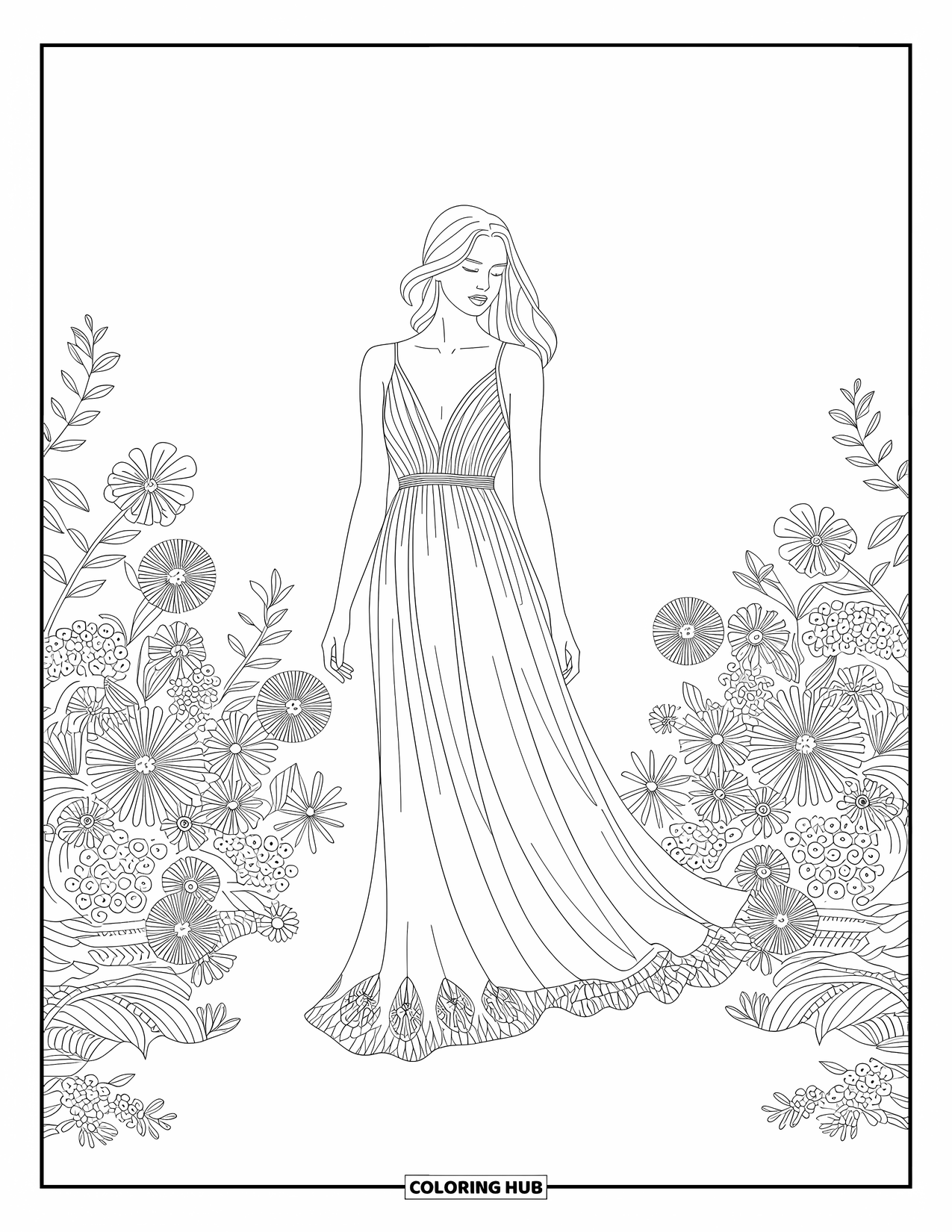 Fashion Dress Coloring Page for Adults: A woman in a dress stands in a garden with intricate floral patterns