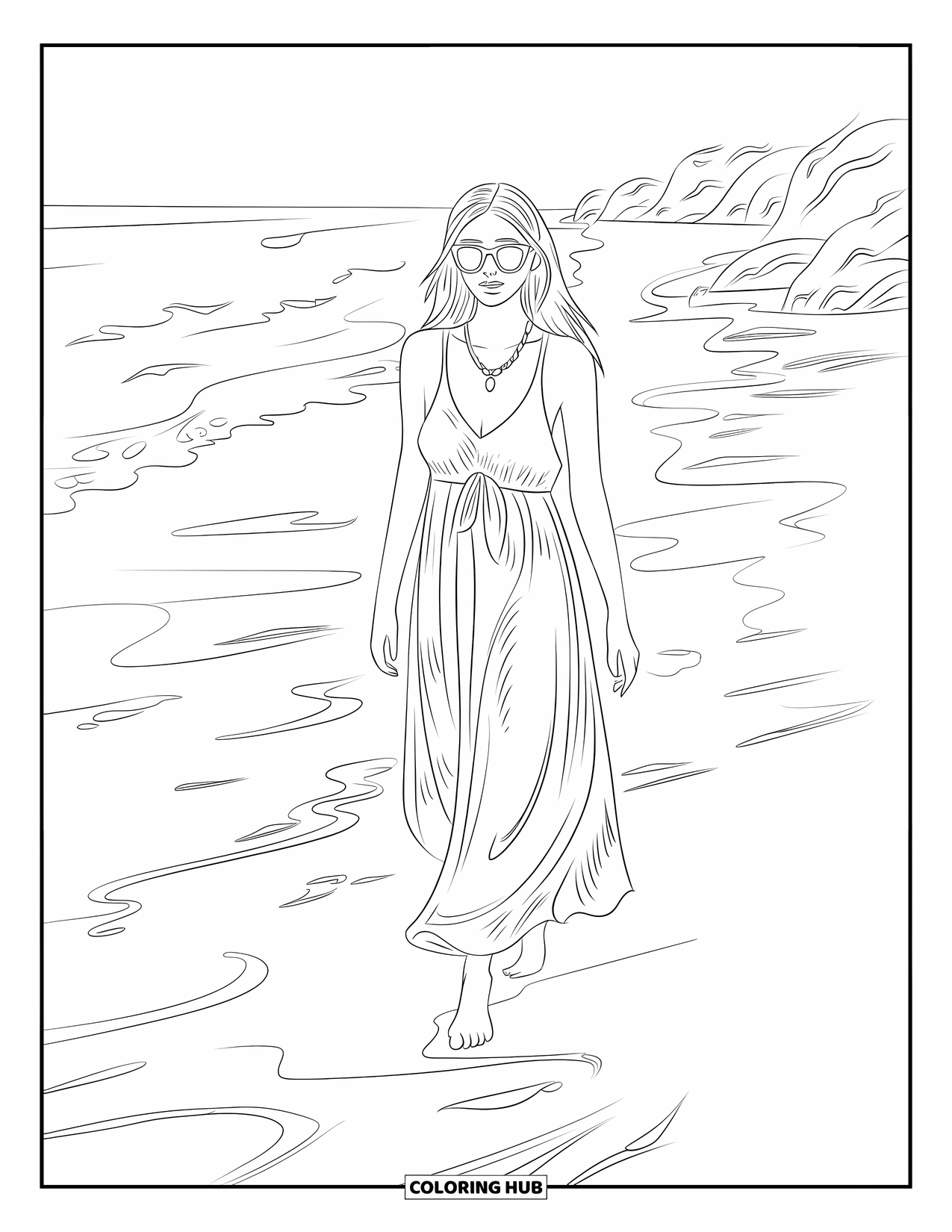 Fashion Dress Coloring Page for Adults: A woman in a dress with sunglasses walks along a beach near the water