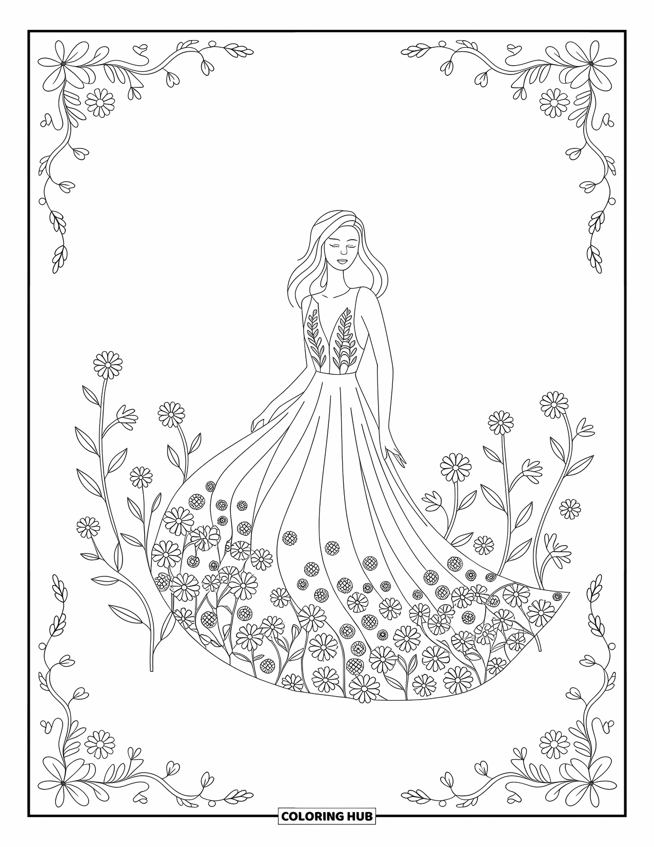 Fashion Dress Coloring Page for Adults: A woman in a floral dress stands in a garden with vines and petals