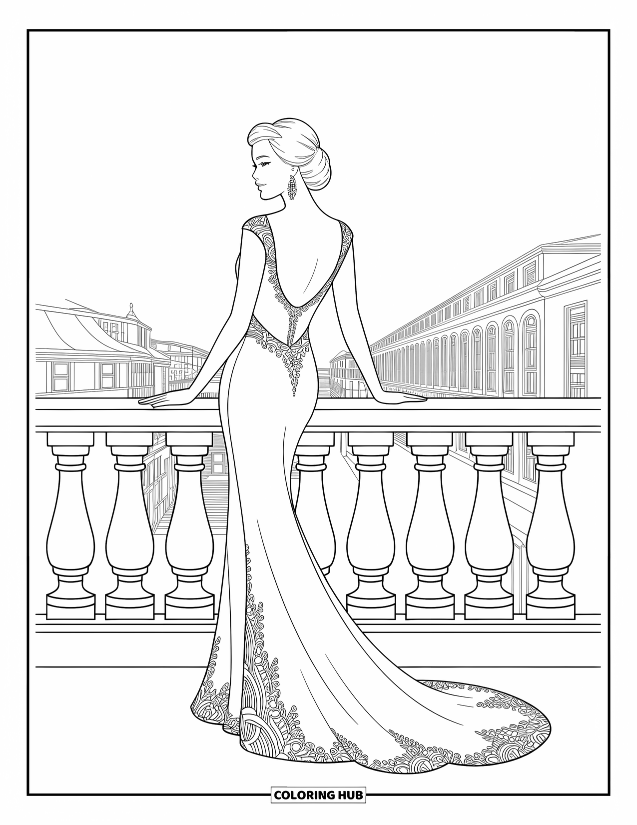 Fashion Dress Coloring Page for Adults: A woman in a gown stands on a balcony with city buildings and intricate patterns