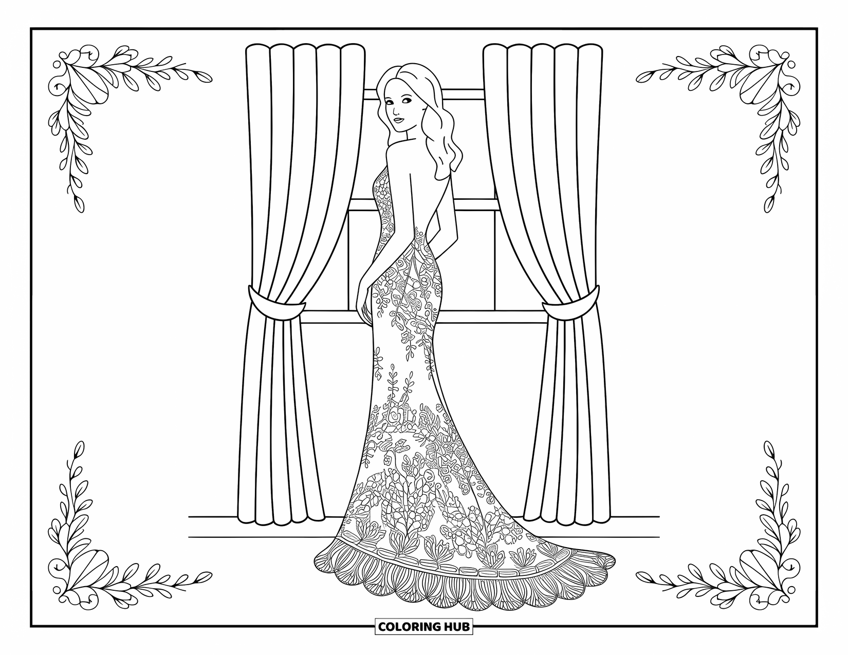 Fashion Dress Coloring Page for Adults: A woman in a lace gown stands by a window with floral motifs around her