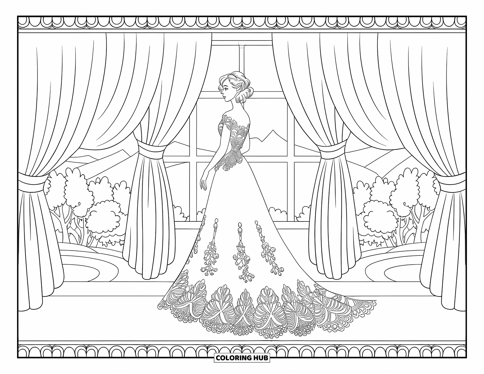 Fashion Dress Coloring Page for Adults: A woman in a lace gown stands quietly by a window with curtains
