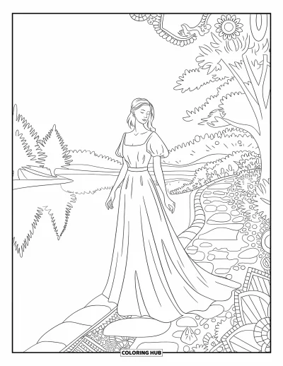 Divatos ruha kifestő felnőtteknek: Egy nő romantikus ruhában csendes tóparti sétányon áll