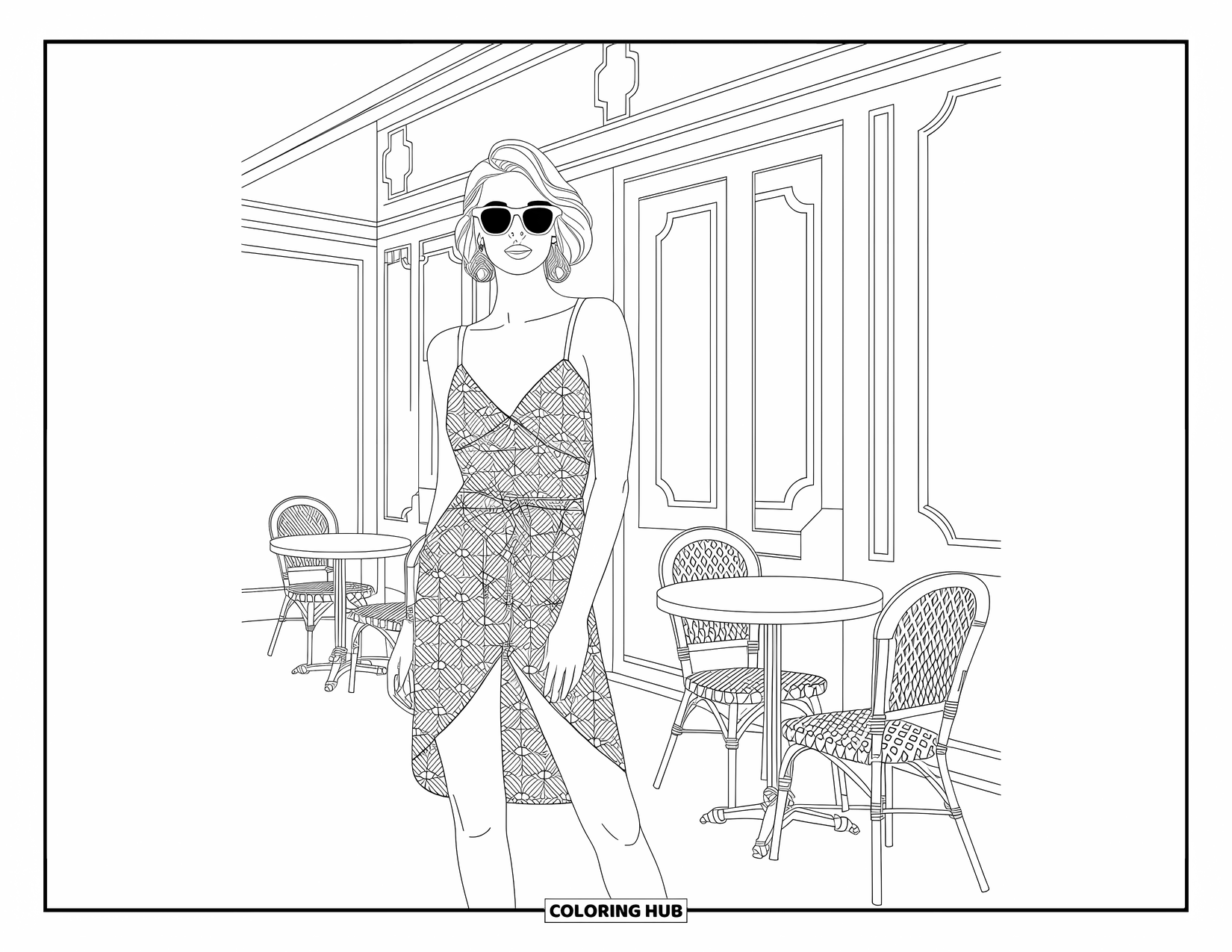Fashion Dress Coloring Page for Adults: A woman in a sundress poses outside a café with patterned walls and plants