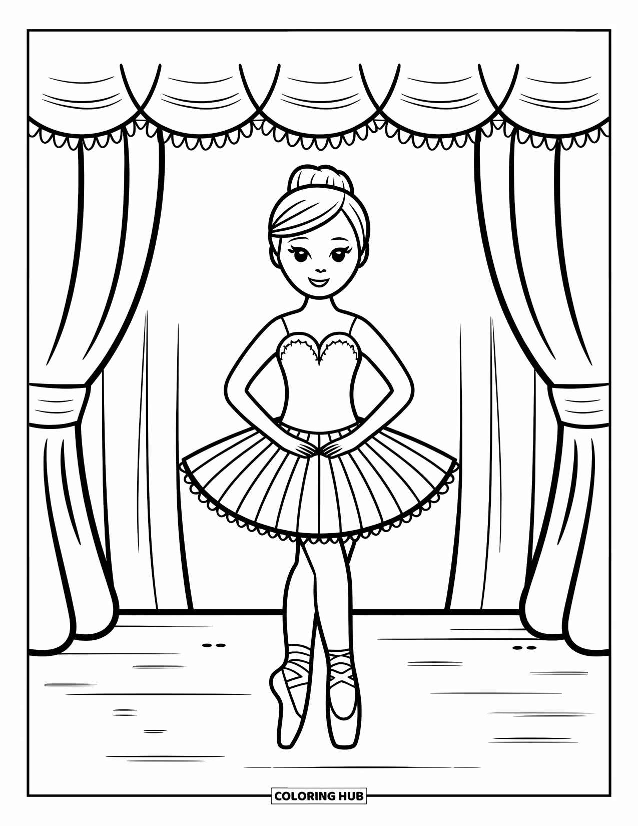Fashion Dress Coloring Page for Kids: A ballerina in a striped tutu and ballet slippers stands on a stage