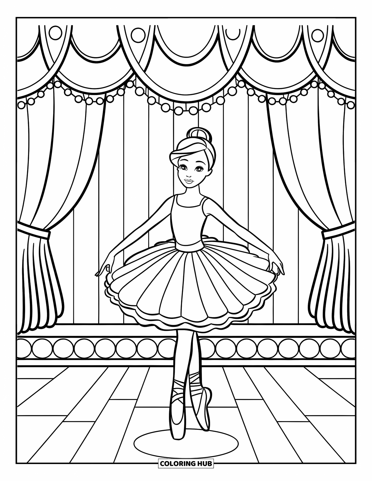 Fashion Dress Coloring Page for Kids: A ballerina in a striped tutu stands on a stage with a simple background