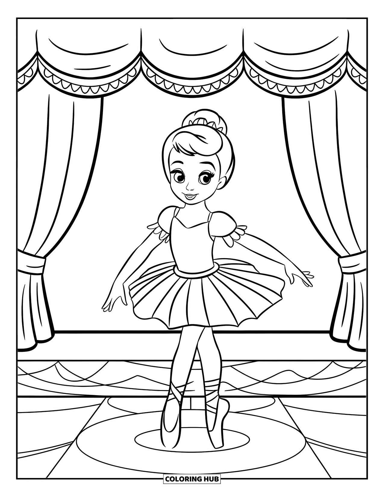 Fashion Dress Coloring Page for Kids: A ballerina in a tutu and slippers stands on stage with a curtain behind