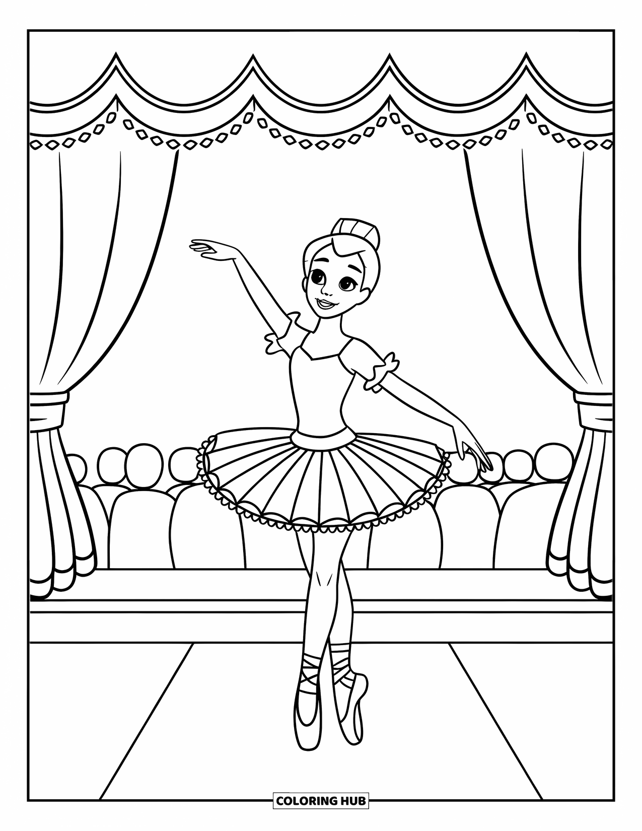 Fashion Dress Coloring Page for Kids: A ballerina in a tutu stands on stage, framed by a curtain and audience lines