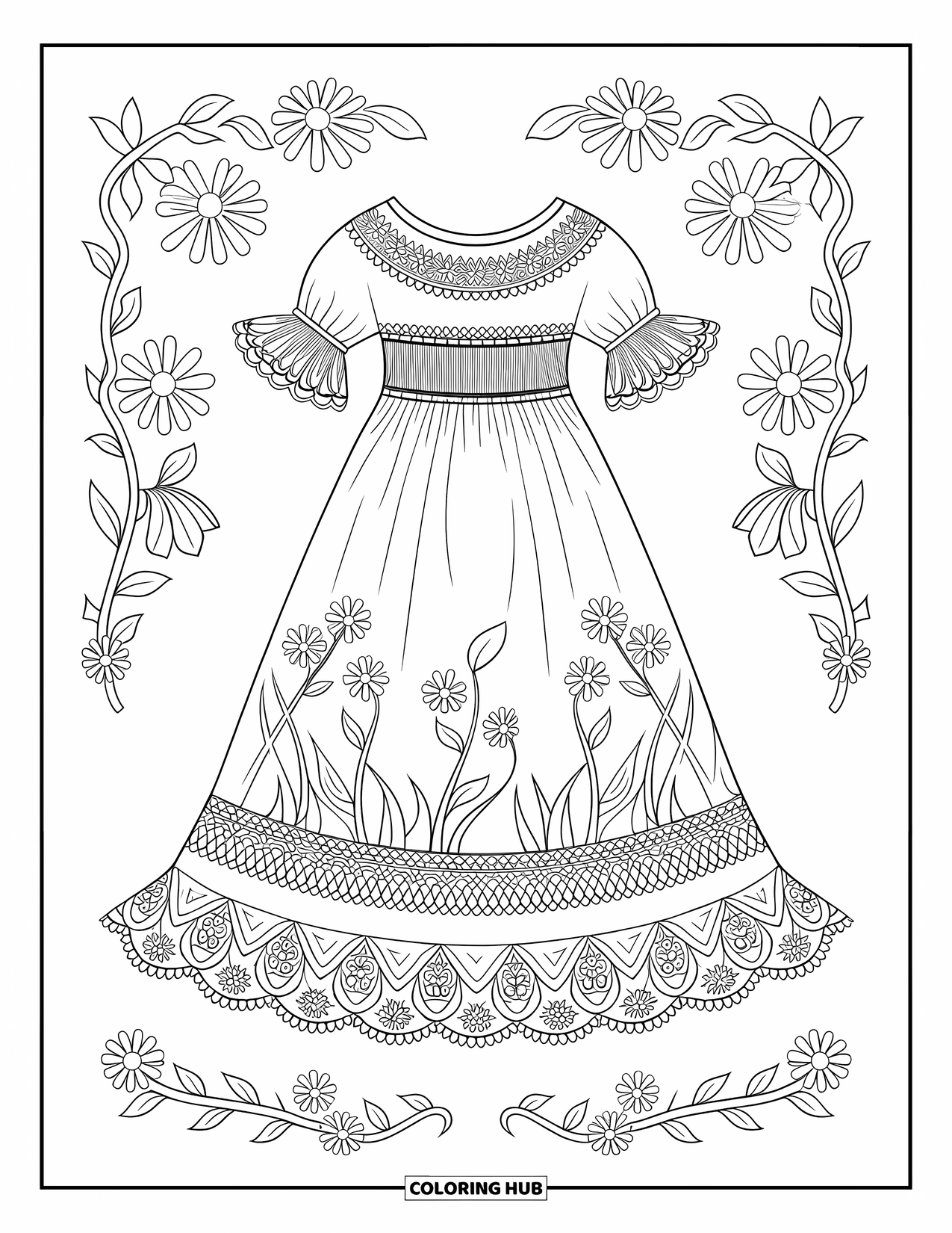 Fashion Dress Coloring Page for Kids: A cottagecore dress with lace and smocking hangs surrounded by flowers
