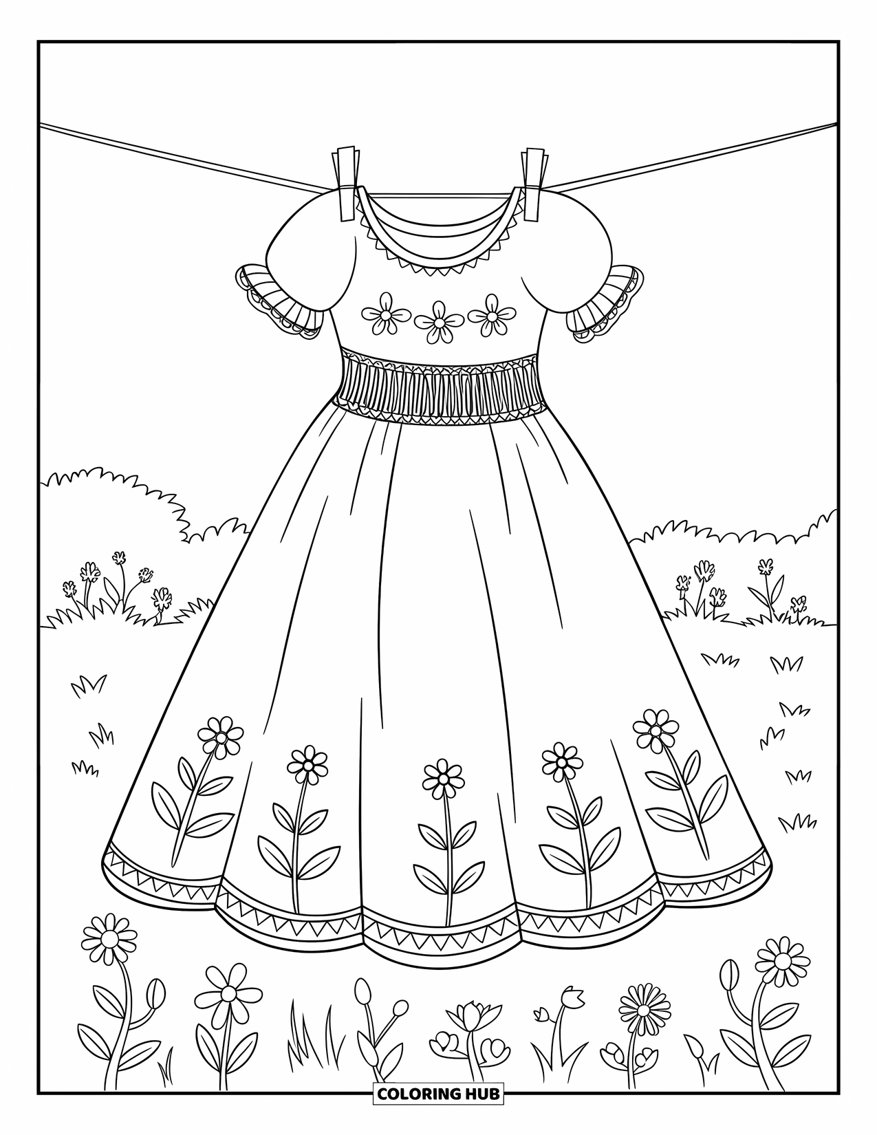 Fashion Dress Coloring Page for Kids: A cottagecore dress with lace trim and smocking sways in a field