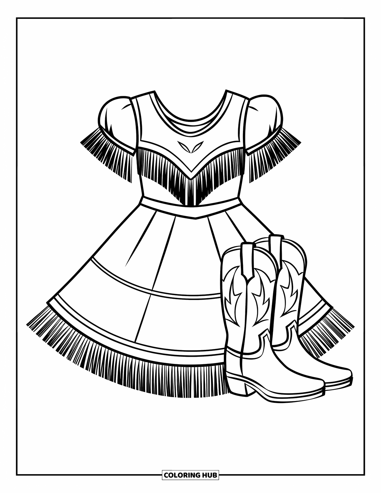 Fashion Dress Coloring Page for Kids: A cowgirl dress with fringe and boots sits neatly on a white background
