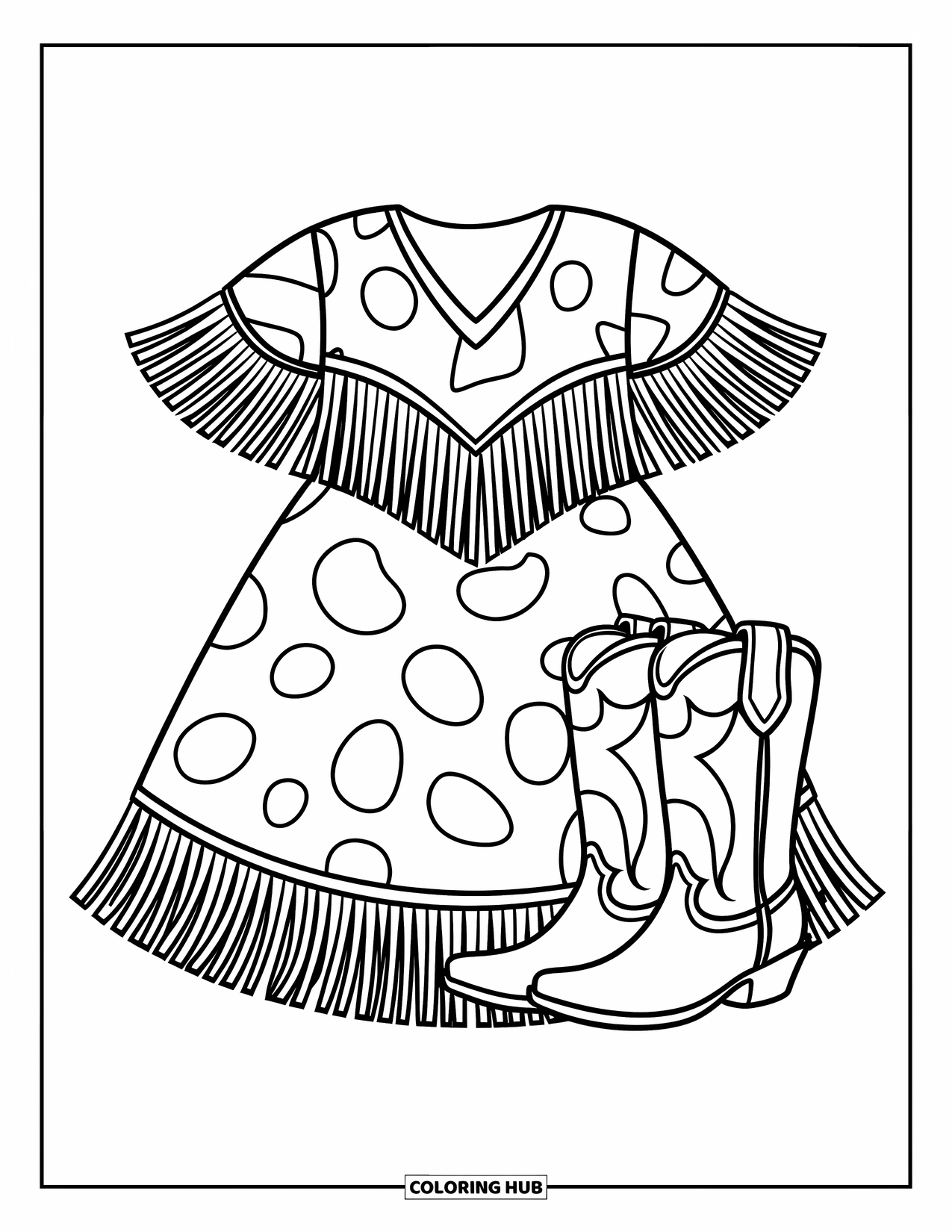 Fashion Dress Coloring Page for Kids: A cowgirl dress with fringe stands beside boots on a clean background